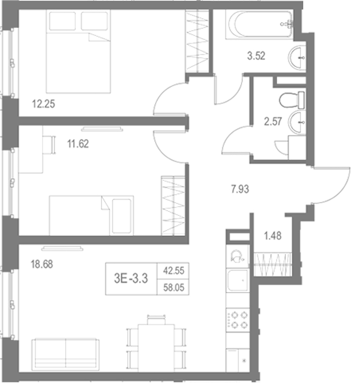 2-комнатная квартира 58.05 м², 2/17 эт., Комплекс апартаментов «Zoom на Неве»
